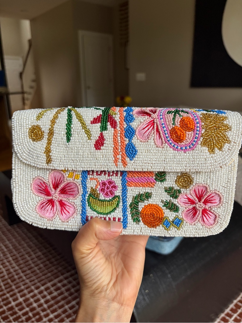 Embroidered White Beaded Floral Clutch